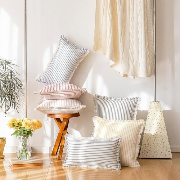 Throw Pillow Covers 20x20 Set of 2 Striped Pillow Covers with Fringe Chic - Picture 6 of 7